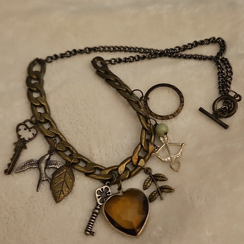 Vintage Bronze Heart Key Bird Leaves Charm Boho Chain Necklace